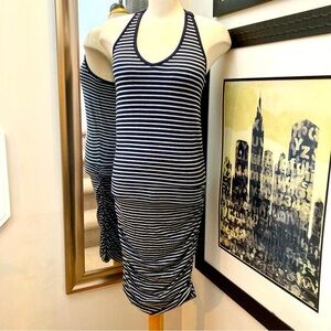 Athletic blue & grey stripped dress with ruched skirt